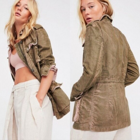 Free People Distressed Olive Button Front Relaxed Military Jacket Gorpcore Boho - Picture 11 of 16